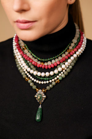 Anuradha Necklace worn as a statement piece with a simple neckline