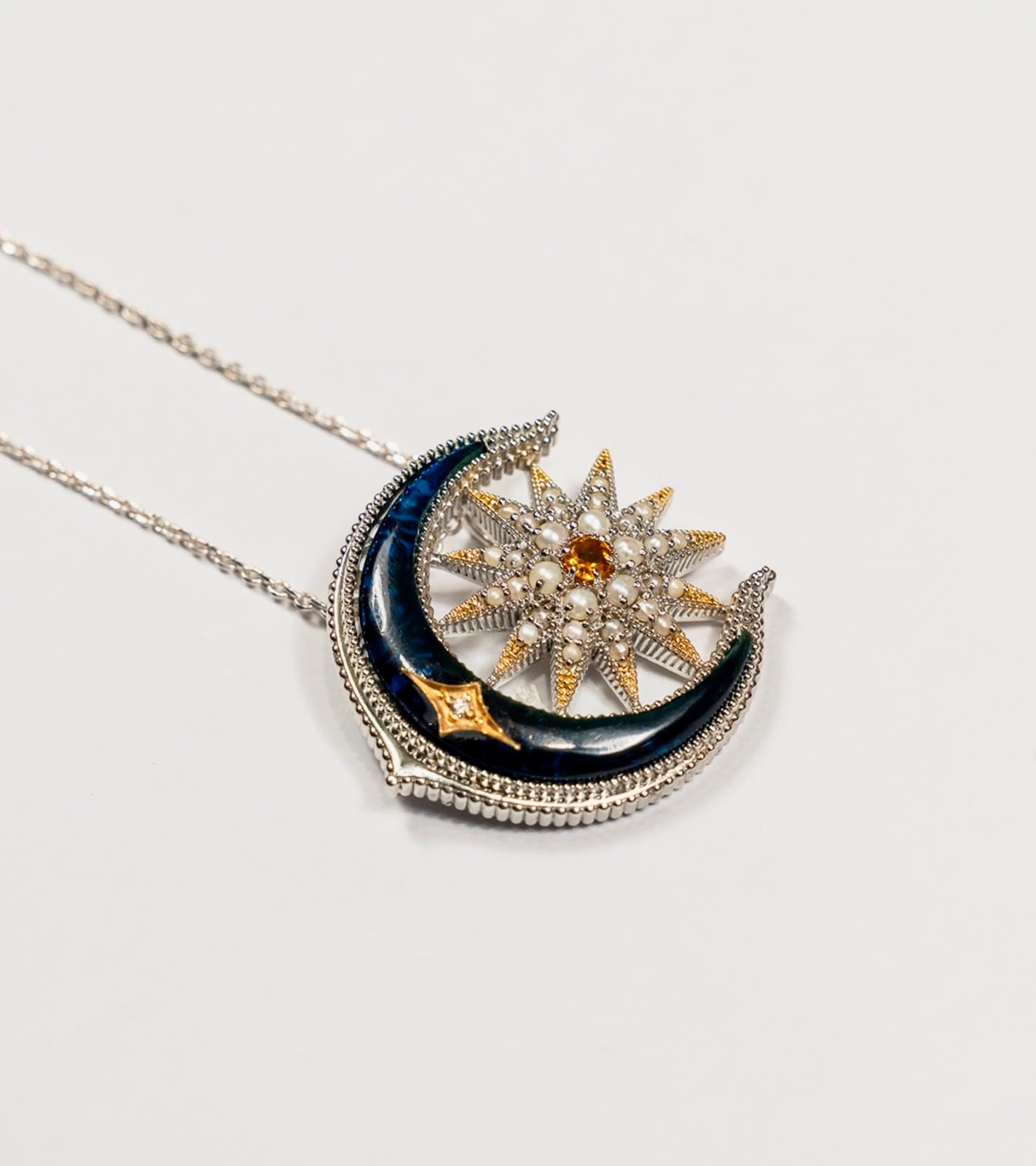 Arkendu Necklace with handcrafted kyanite, citrine, and pearls in sterling silver with 18K gold accents