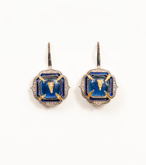 Aurora Earrings in blue and green featuring crafted kyanite crystals, natural FG VS diamonds, hand-painted blue enamel, sterling silver, and 18K gold accents