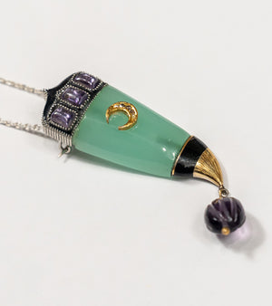 front.jpg Clio Brooch crafted in 22K and 18K gold with natural Polki diamonds, green onyx, and amethyst crystal, hand-painted black enamel