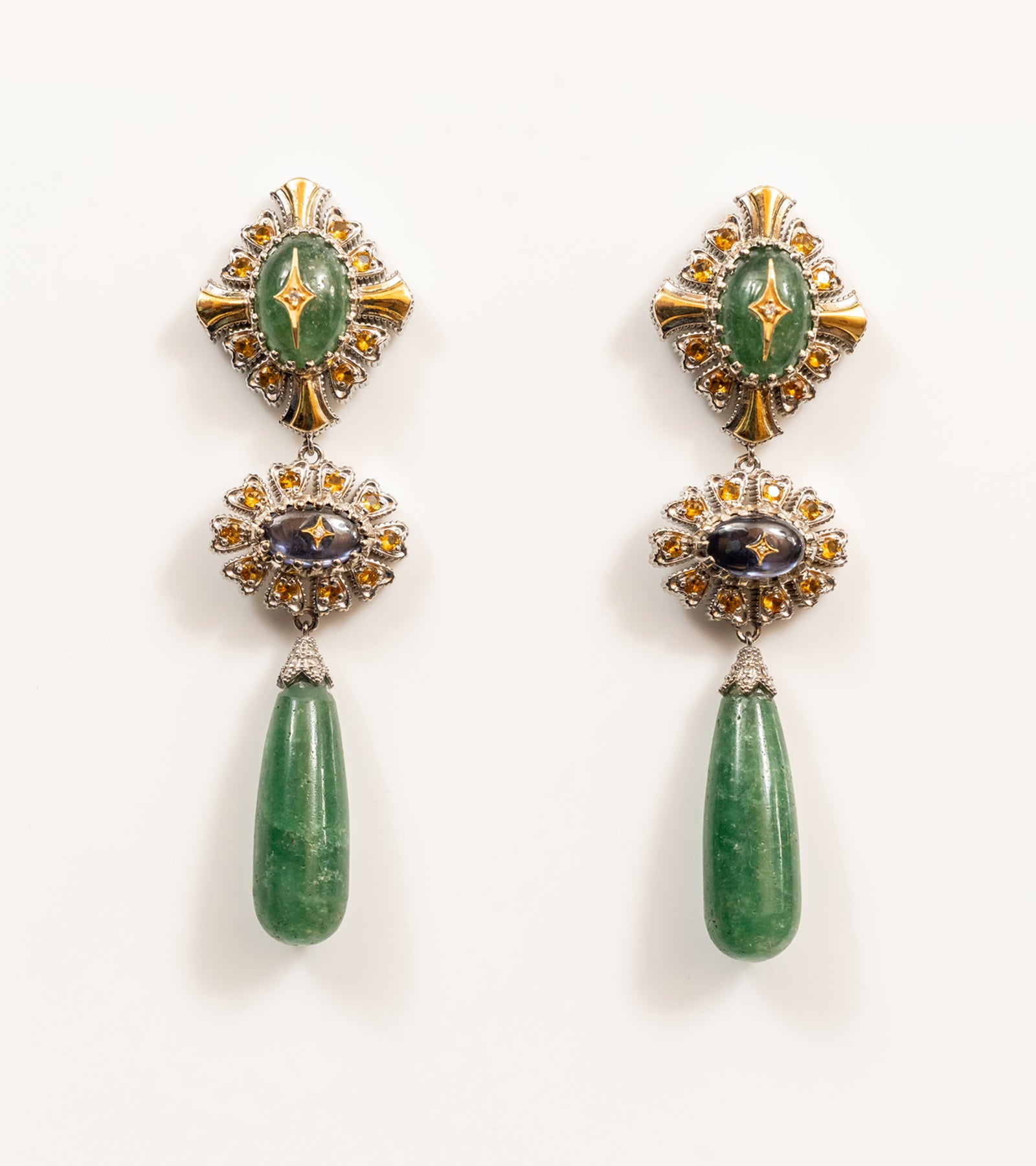 Diya Earrings with gold and diamond filigree star motifs, kyanite ovals, and a diamond sunburst, from the Shashikala collection by UBAA
