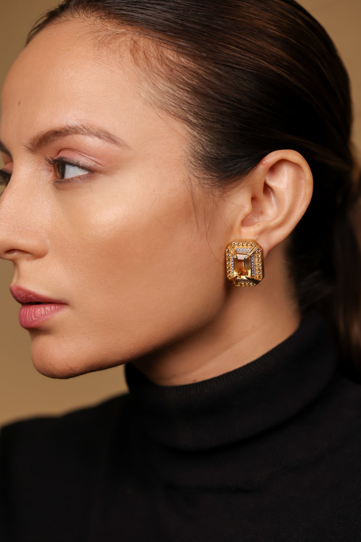 Close-up of the golden topaz and citrine detailing on the Hera Stud Earrings