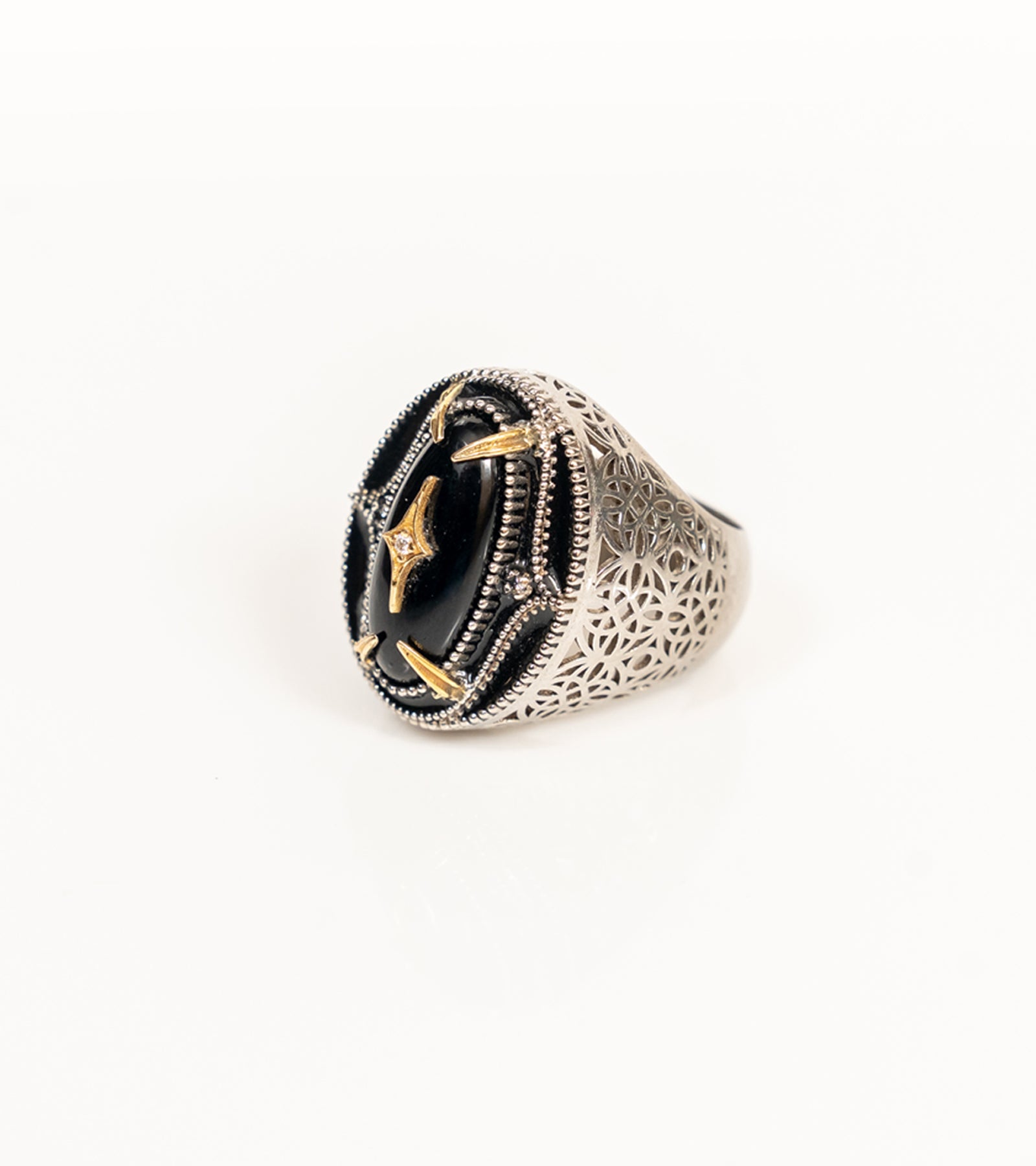 Jaipur Ring in black onyx with intricate jharokha latticework, sterling silver, hand-painted black enamel, and 18K gold accents