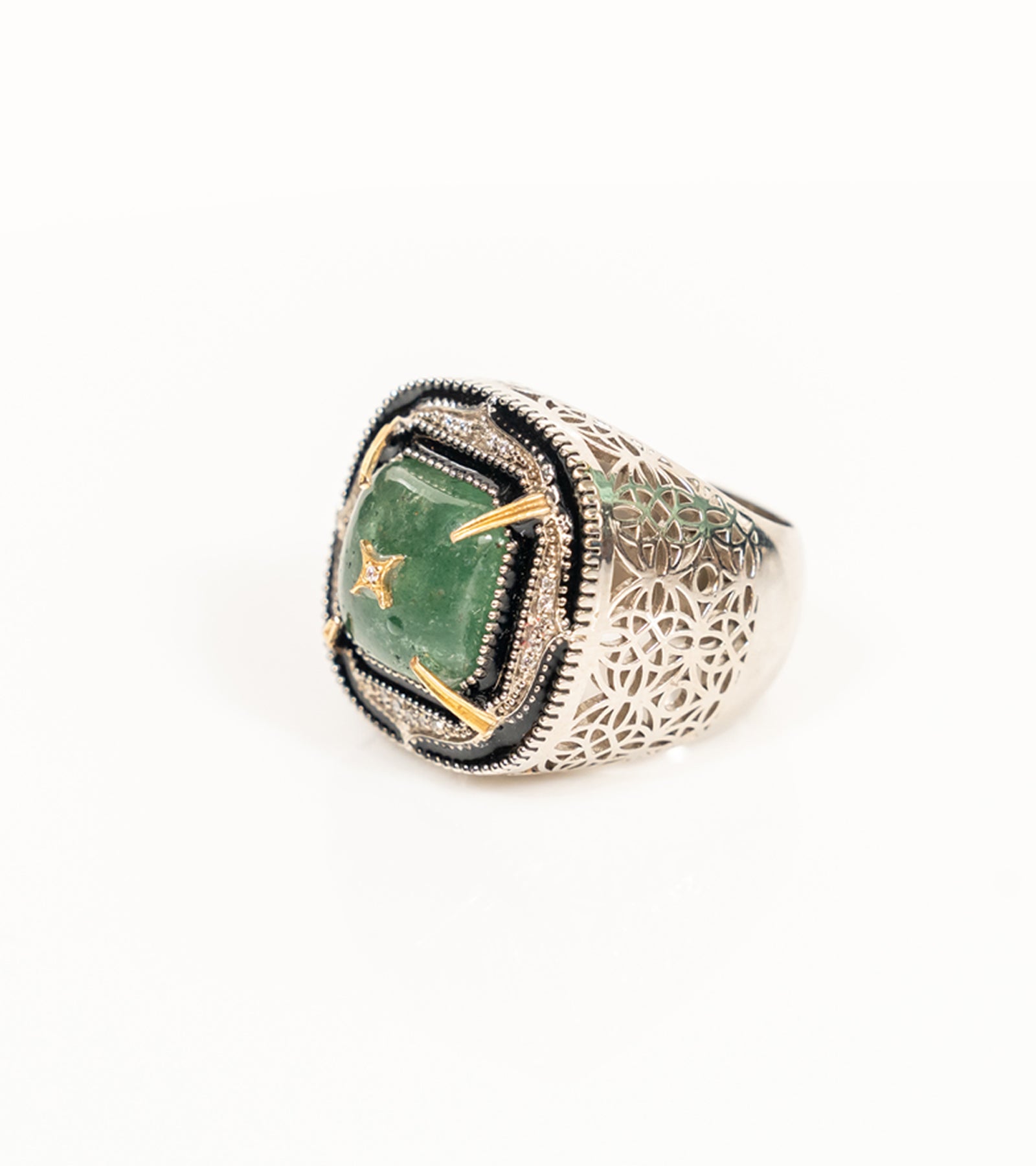 Kashi Cocktail Ring with a green aventurine centre stone framed by hand-painted blue enamel, natural diamonds, and 18K gold accents