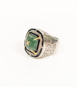 Kashi Cocktail Ring with a green aventurine centre stone framed by hand-painted blue enamel, natural diamonds, and 18K gold accents