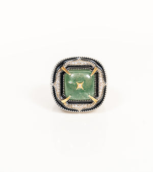 Detail of the hand-painted blue enamel and green aventurine stone on the Kashi Cocktail Ring