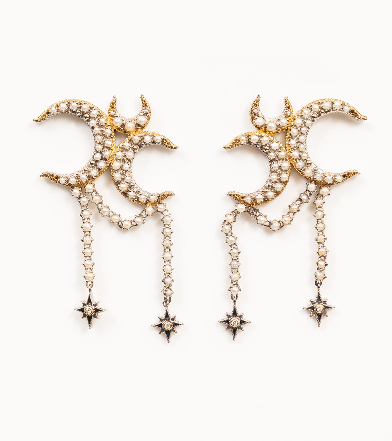 Kashvi Earrings with crescent and star motifs in silver, FG VS diamond accents, Japanese pearls, and hand-painted black enamel