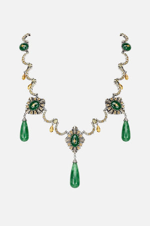Detail of the central aventurine stone and crafted yellow citrine on the Neelima Necklace