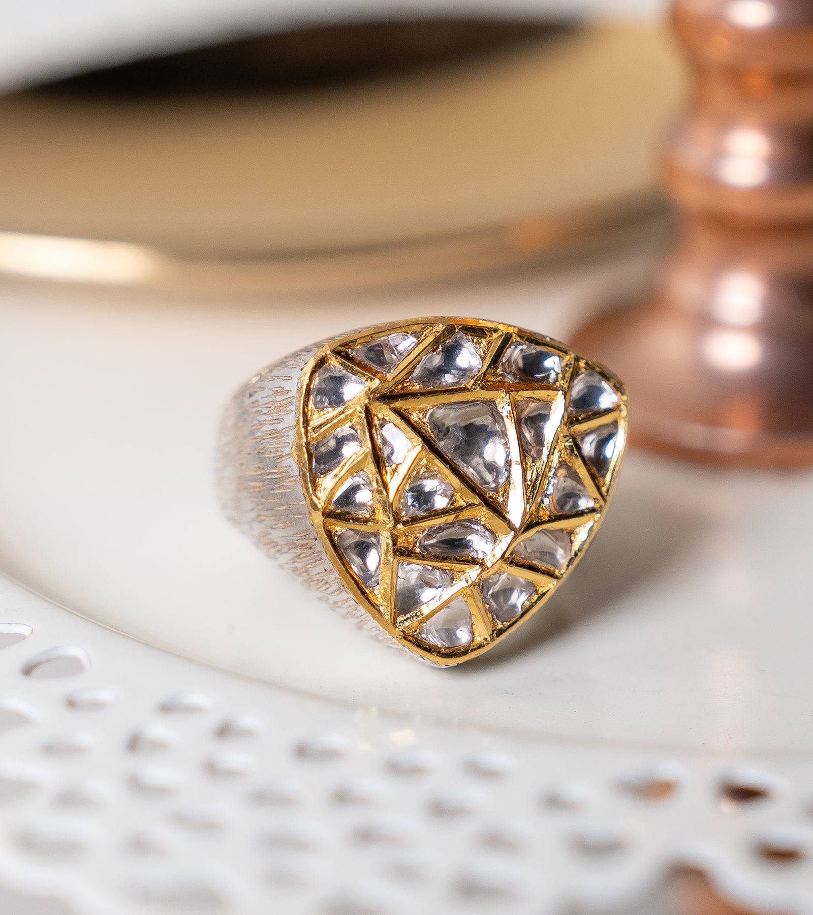 Neo Ring trillion-shaped cocktail ring in 22K Kundan gold with Polki uncut diamonds and Silver 900 band