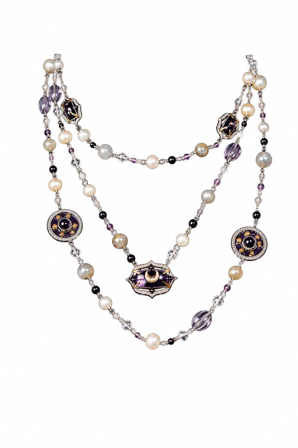 Prive Necklace with three layered strands of amethyst crystal, natural onyx, crystals, and pearls, finished with hand-painted purple enamel