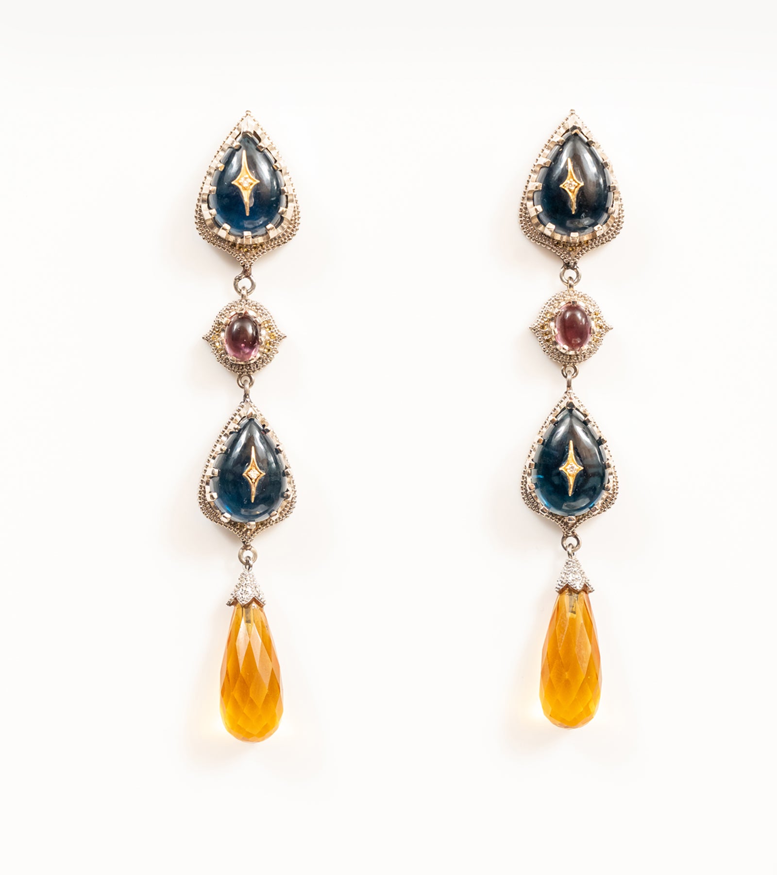 Sara Earrings three-tier drop earrings in kyanite, ruby, and citrine, from the Shashikala collection by UBAA