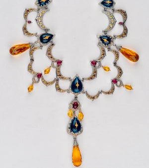 Detail of the citrine briolette drops cascading from each crescent arch of the Sara Necklace