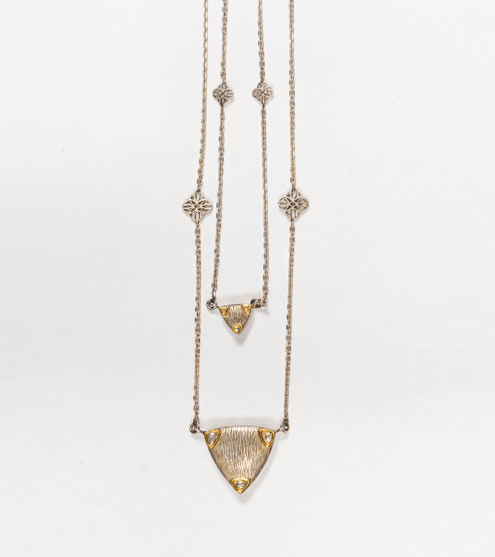 Sky Necklace Set duo of trillion chain necklaces in 22K Kundan gold with Polki diamonds