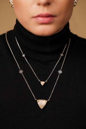 Close-up of the trillion pendant detailing with Polki diamonds and Kundan gold on the Sky Necklace Set