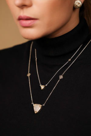 Sky Necklace worn alone for minimal chic, mixed with a longer pendant