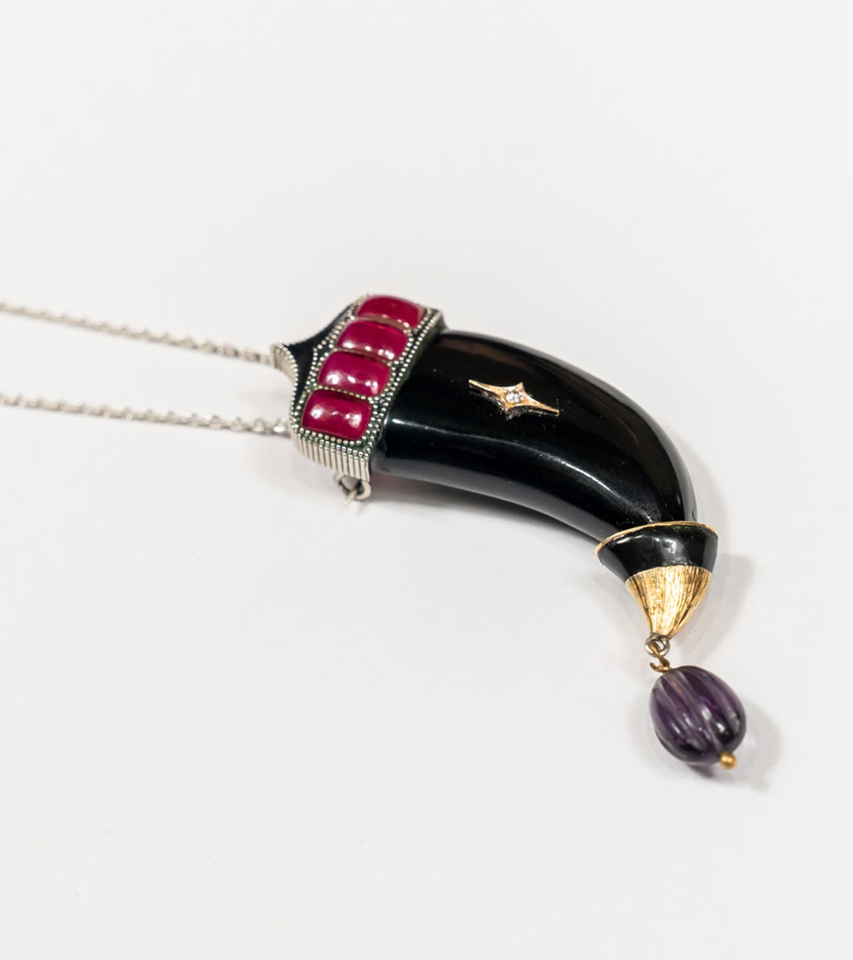 Tiger Brooch in 18K gold and silver, set with FG VS diamonds, black onyx, amethyst, and rose crystal, finished in hand-painted black enamel
