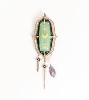 Zel Brooch in 22K Kundan and 18K gold on a sculpted silver base, set with FG VS diamonds, aqua onyx, amethyst crystal, and a South Sea pearl