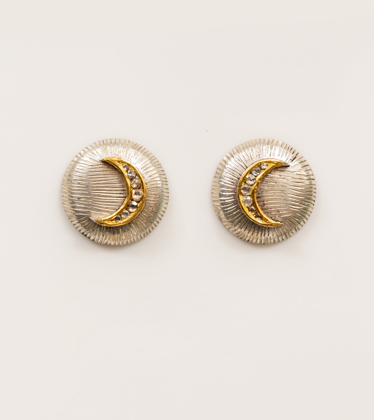 Ziv Studs in a crescent moon silhouette featuring natural Polki diamonds set in sterling silver with fine 22K gold accents