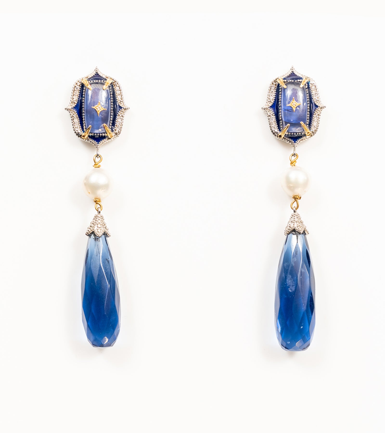 Ziva Earrings with handcrafted kyanite crystal drops paired with cultured pearls, natural diamonds, and 18K gold accents