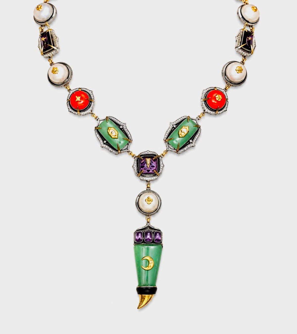 Zuri Necklace with amethyst crystal, aqua onyx, coral, and button pearls, accented with diamonds, silver, and gold, finished in black enamel