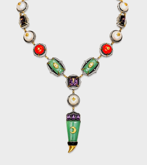Zuri Necklace with amethyst crystal, aqua onyx, coral, and button pearls, accented with diamonds, silver, and gold, finished in black enamel