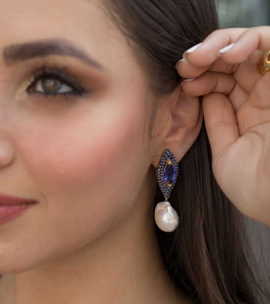 Sapphire Marquise Earrings with Baroque Pearl in Gold-Esmeé by UNCUT