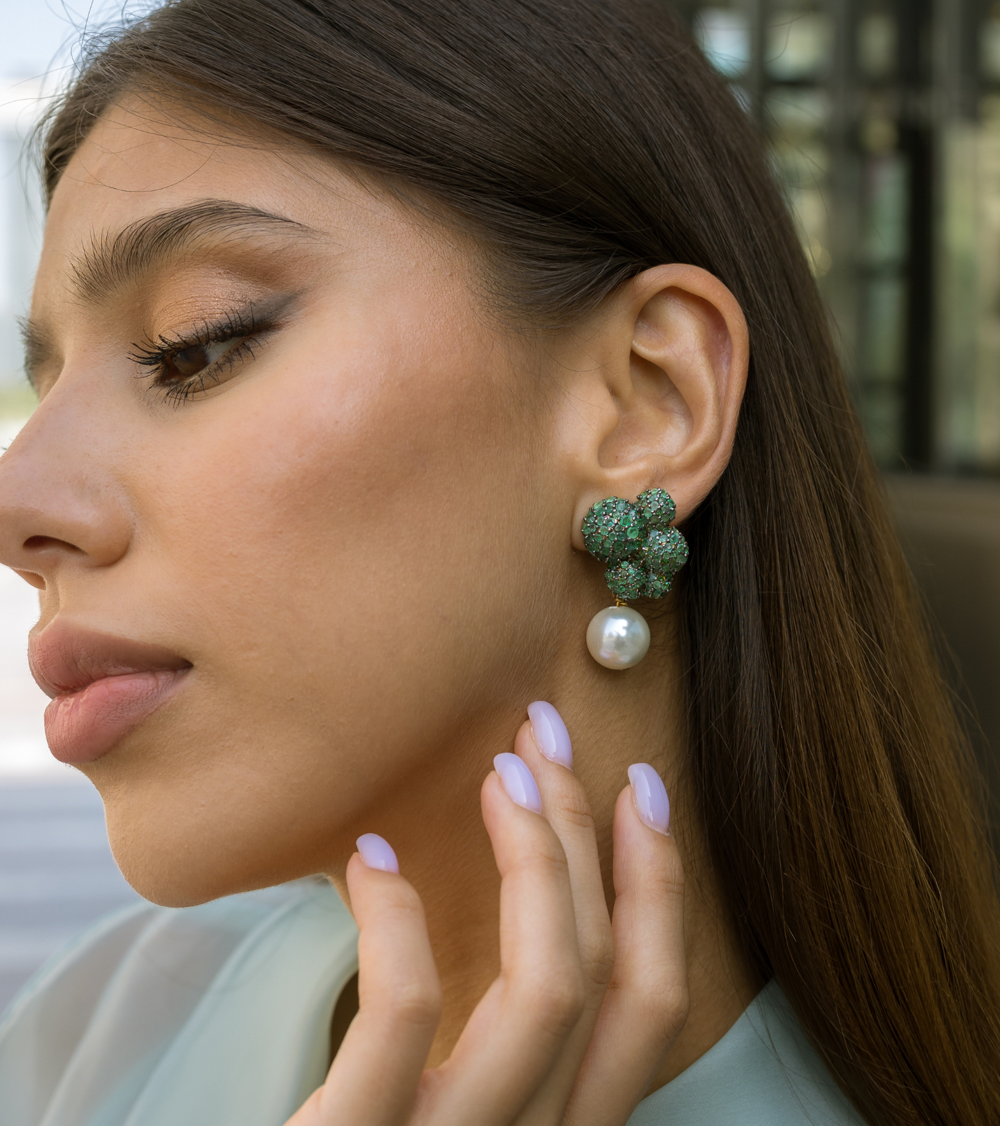 Emerald Bubble Earrings with Detachable South Sea Pearl in Gold-Esmeé by UNCUT