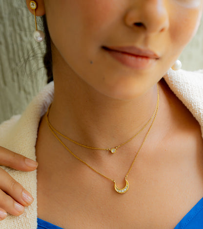 The Crescent & Round Polki two Layered Necklace in Gold