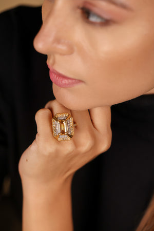 Hera Ring worn on the hand showing its sculptural, statement design