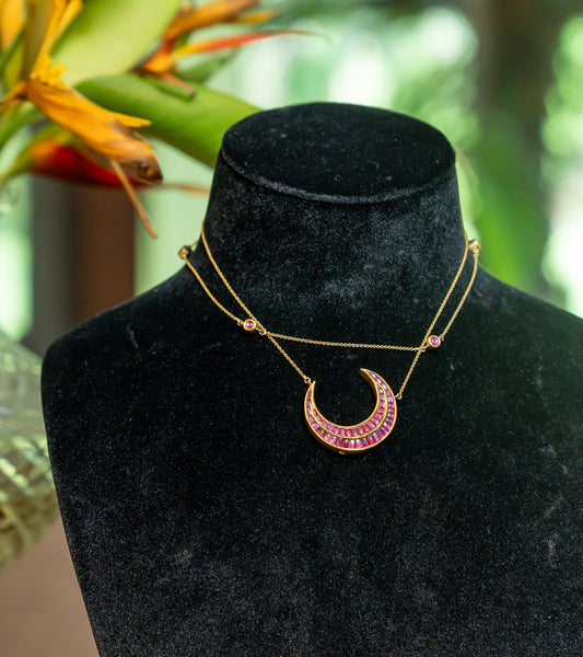 Ruby Crescent Two Layered Necklace in Gold-Festive Jewelry