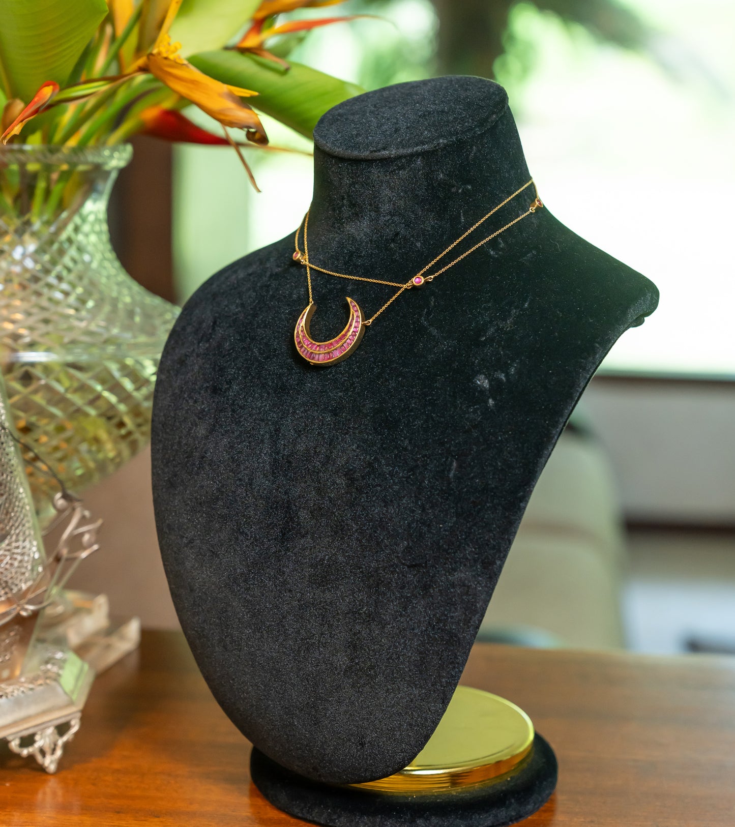 Ruby Crescent Two Layered Necklace in Gold-Festive Jewelry