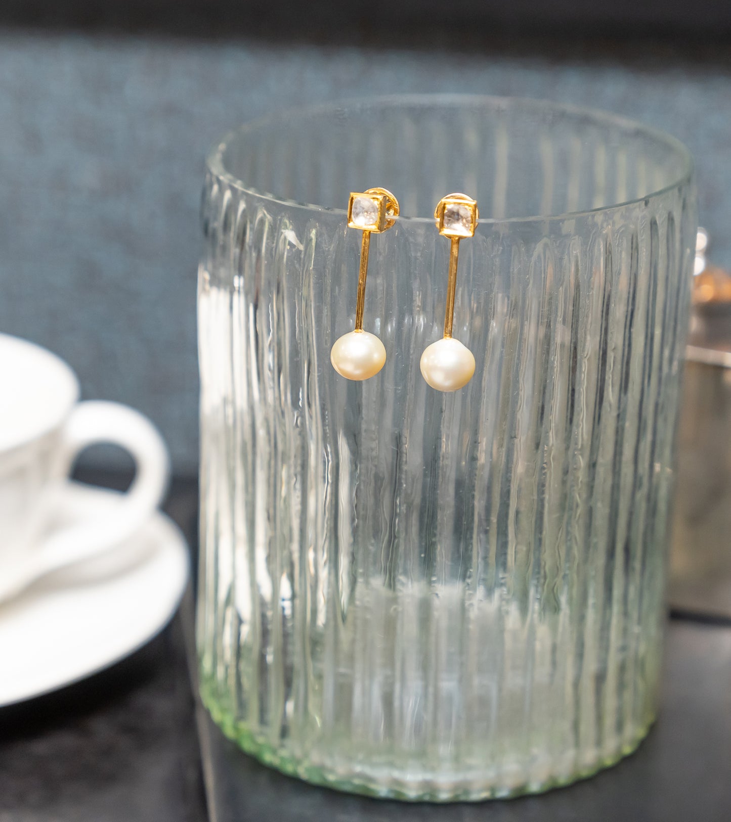 Square Polki Danglers with a huge South Sea Pearl Drop in Gold