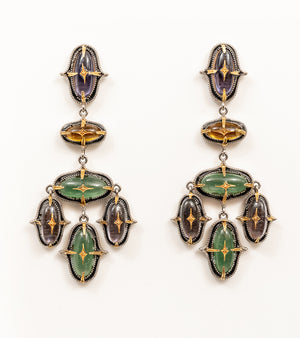Aarya Earrings with layers of crafted amethyst, topaz, and aventurine in silver milgrain settings with gold star motifs