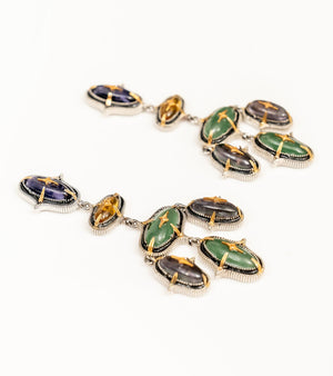Detail of the layered amethyst, topaz, and aventurine stones on the Aarya Earrings