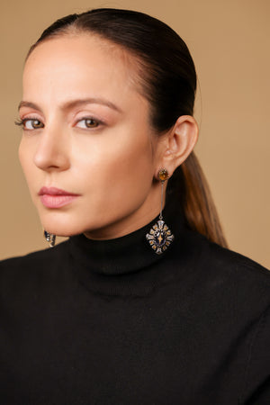 Ada Earrings worn showing the long linear silver bar and pendant drop