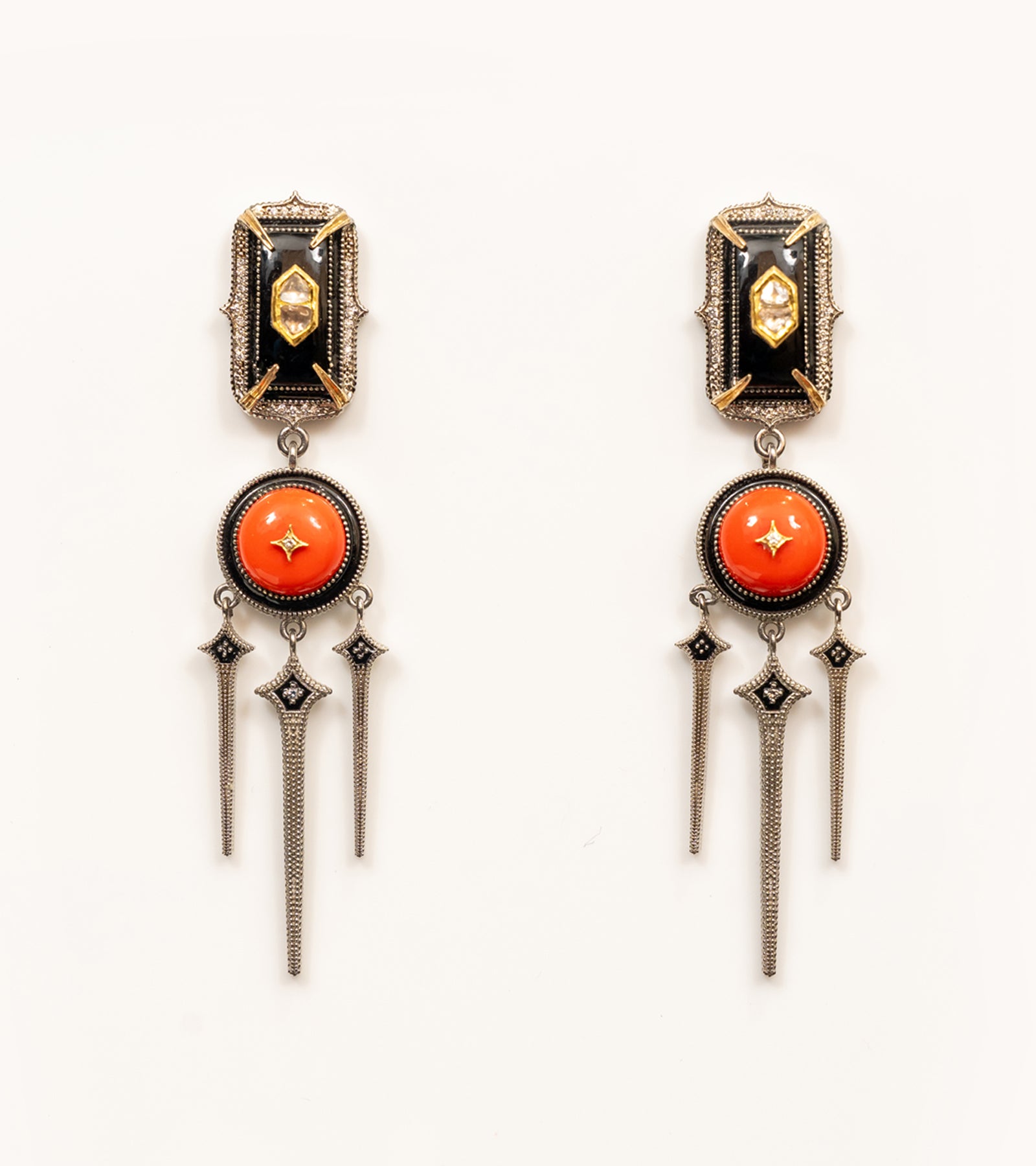 Adel Earrings with black onyx and coral, Polki diamonds, silver with 18K and 22K gold accents, and hand-painted black enamel