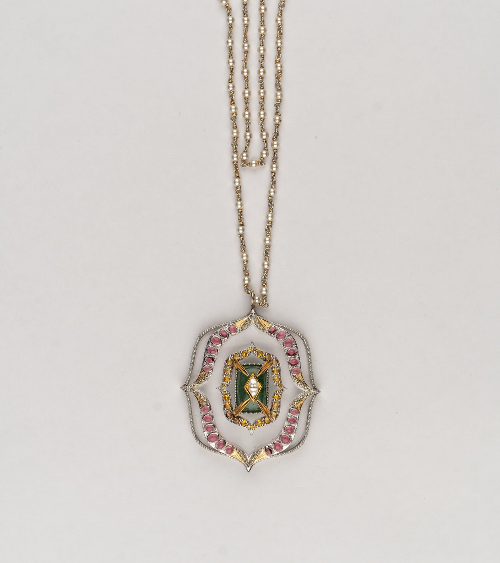 Detail of the crafted pearls and silver wire strand on the Amara Necklace
