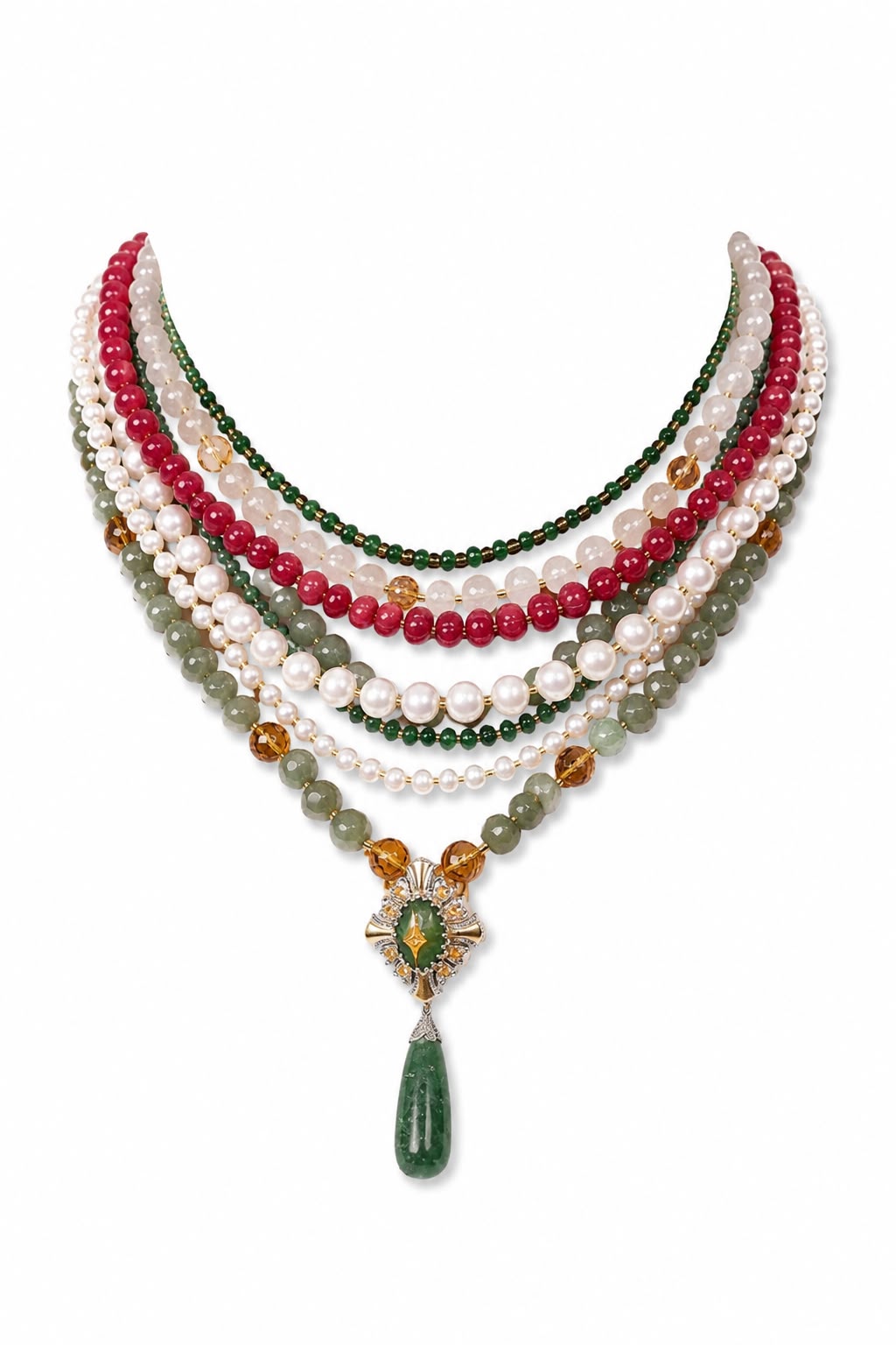Anuradha Necklace with eight strands of natural aventurine, quartz, onyx, Japanese pearls and beads, finished with a gold and aventurine pendant