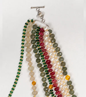 Close-up of the Japanese pearls and beads woven through the eight-strand Anuradha Necklace