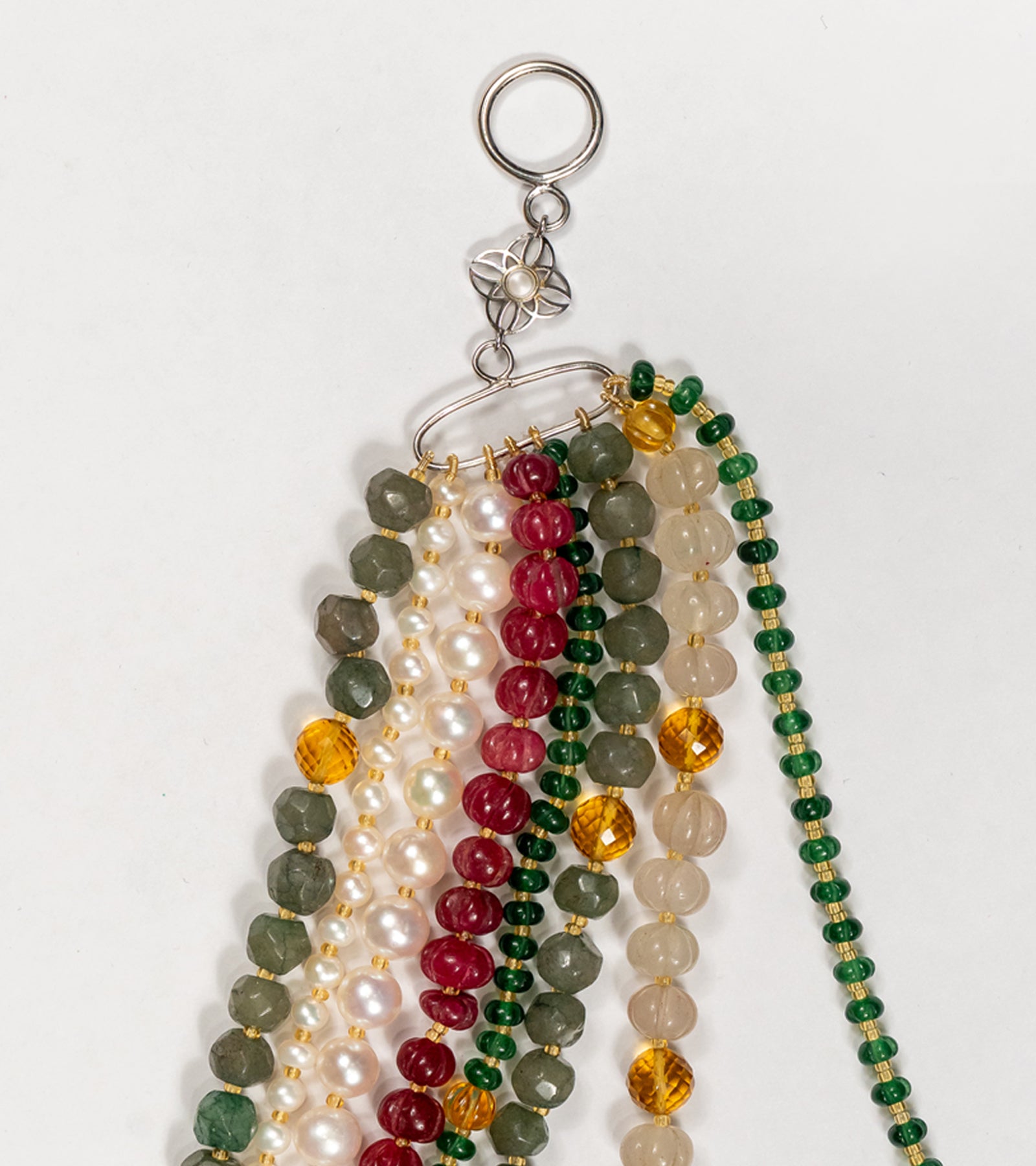 Detail of the quartz and onyx beads layered among the aventurine strands on the Anuradha Necklace
