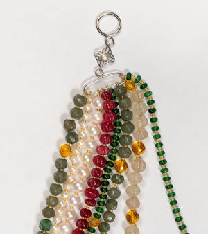 Detail of the quartz and onyx beads layered among the aventurine strands on the Anuradha Necklace