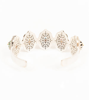 Bombay Stack Bold cuff worn on a bare arm, styled as the centrepiece of a bracelet stack