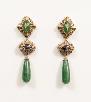Diya Earrings with gold and diamond filigree star motifs, kyanite ovals, and a diamond sunburst, from the Shashikala collection by UBAA