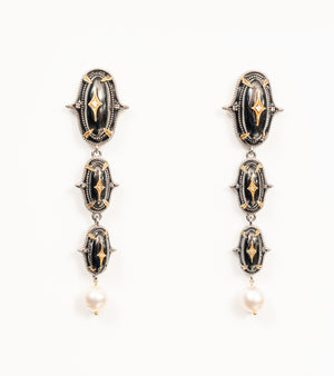 Jaipur Danglers in silver with 18K gold accents, hand-painted black enamel, black onyx, and China pearl drops