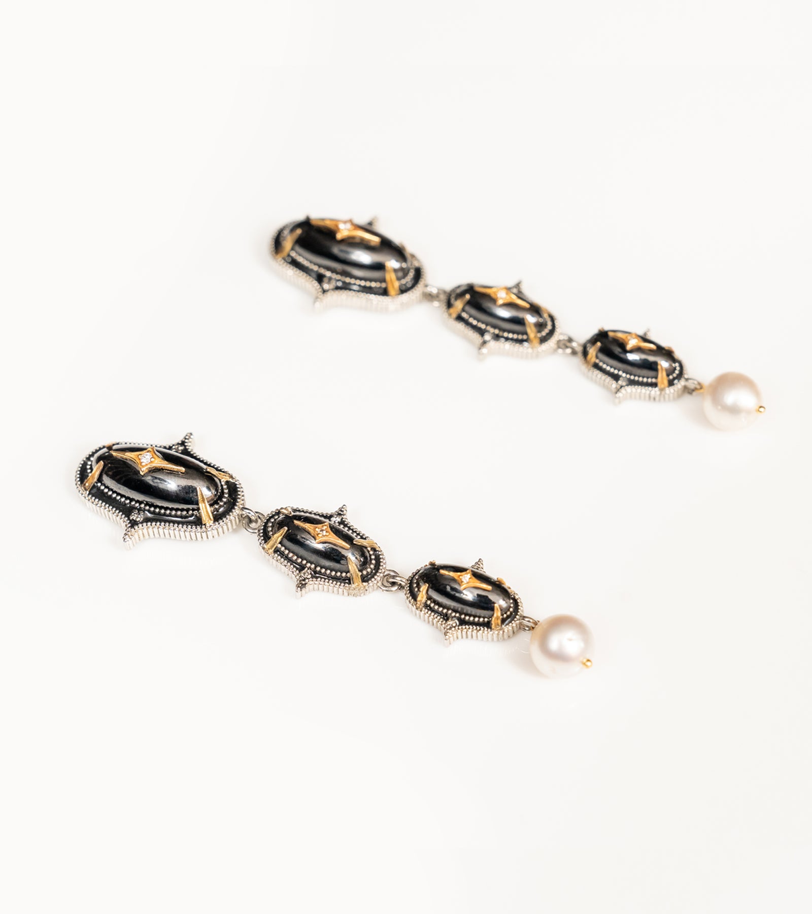 Detail of the China pearl drop finishing the Jaipur Danglers