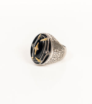 Jaipur Ring in black onyx with intricate jharokha latticework, sterling silver, hand-painted black enamel, and 18K gold accents