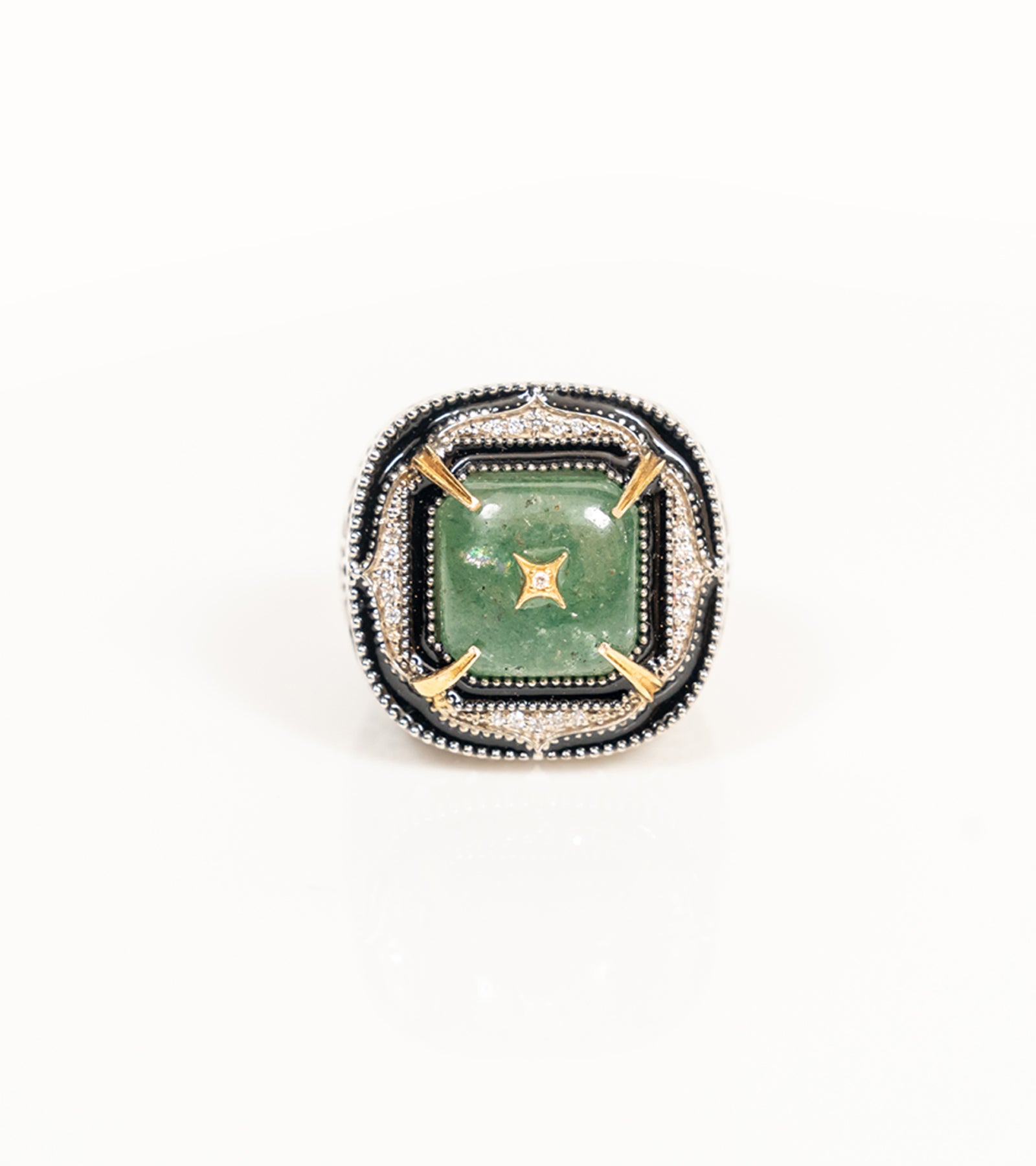 Detail of the hand-painted blue enamel and green aventurine stone on the Kashi Cocktail Ring