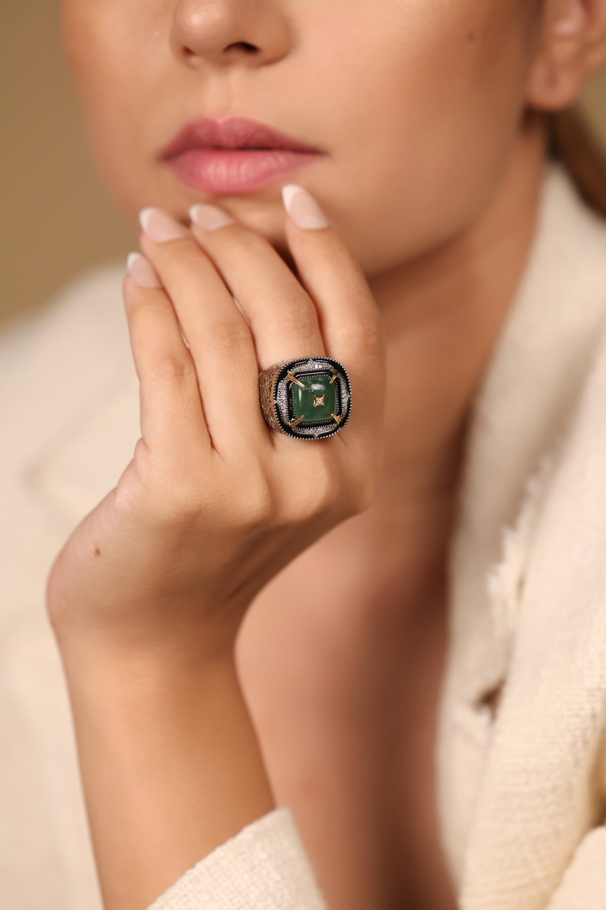 Close-up of the intricate openwork detailing on the Kashi Cocktail Ring