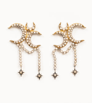 Kashvi Earrings with crescent and star motifs in silver, FG VS diamond accents, Japanese pearls, and hand-painted black enamel
