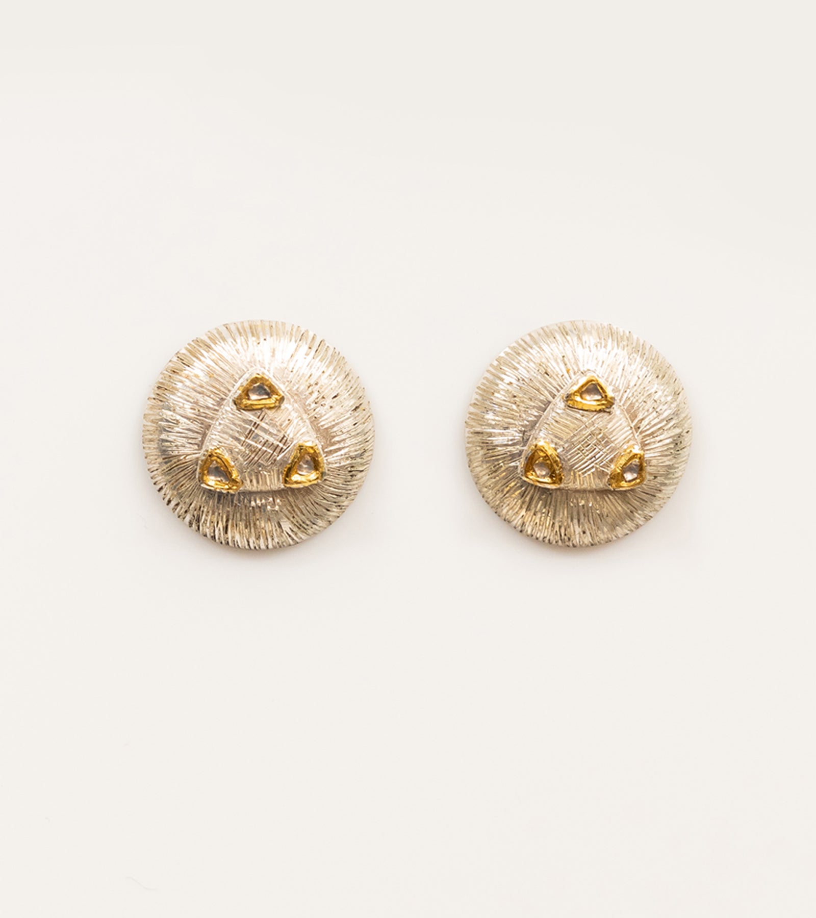 Mia Earrings with luminous Polki diamonds set in textured sterling silver with fine 22K gold accents